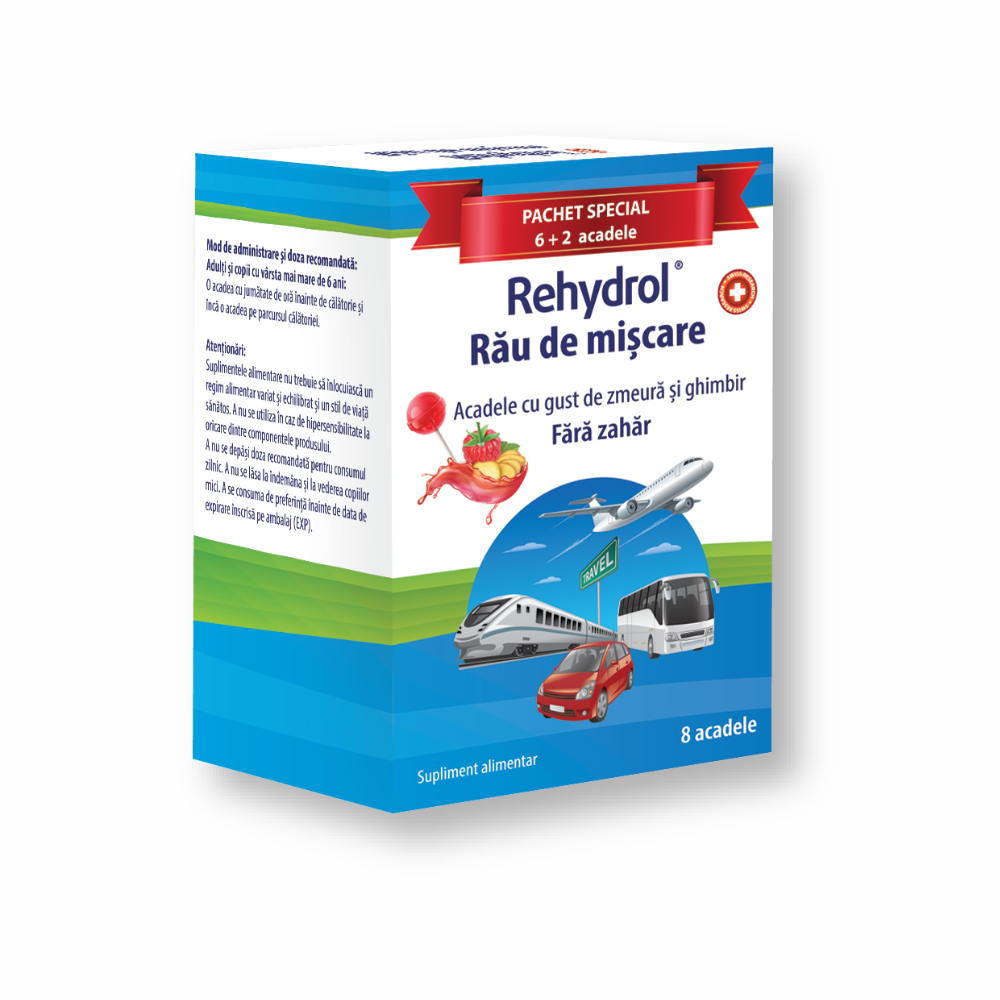 Rehydrol Acadele pentru rau de miscare fara zahar, 6+2 bucati, Zmeura si Ghimbir, MBA Pharma