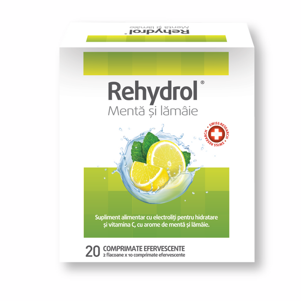 Rehydrol cu aroma de Menta si Lamaie, 20 comprimate efervescente, MBA Pharma