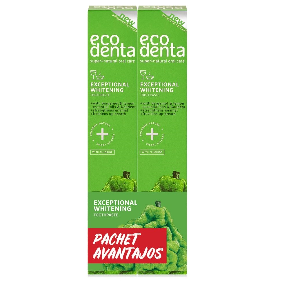 Pachet pasta de dinti cu bergamot, uleiuri de lamaie si kalident, 2x75ml, Ecodenta