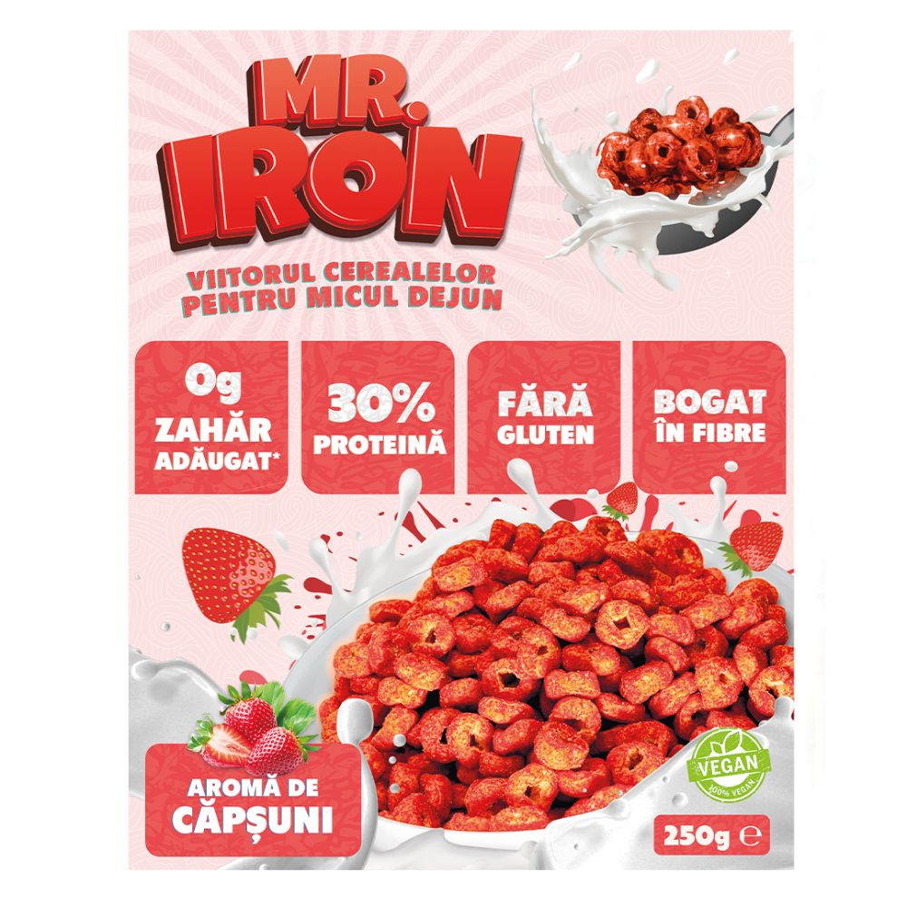 Cereale proteice fara zahar sau gluten cu aroma de capsuni si mar, 250 g, Mr. Iron