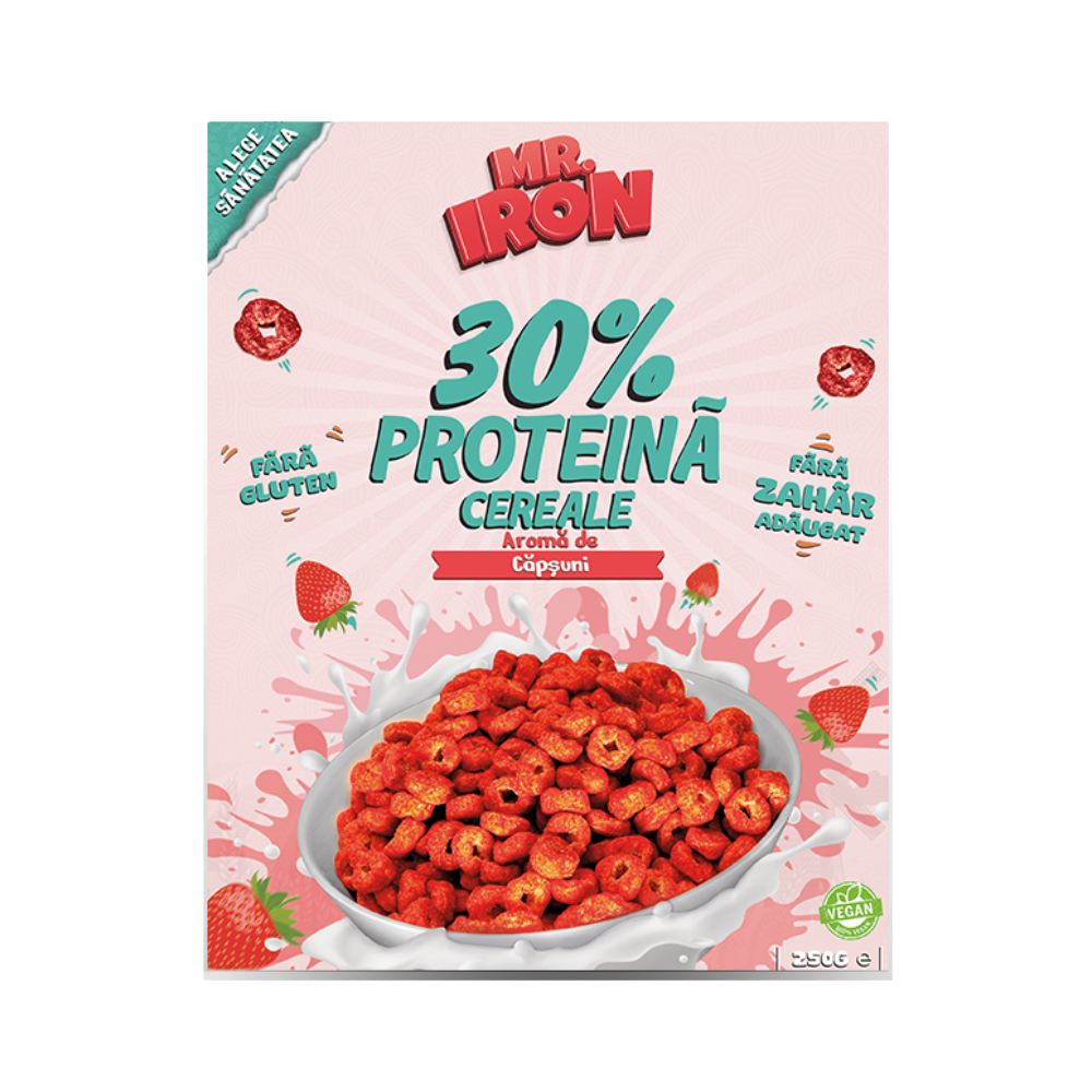 Cereale proteice fara zahar sau gluten cu aroma de capsuni si mar, 250 g, Mr. Iron