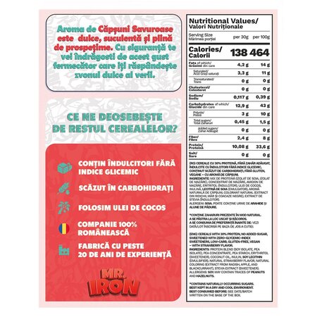 Cereale proteice fara zahar sau gluten cu aroma de capsuni si mar, 250 g, Mr. Iron 707649