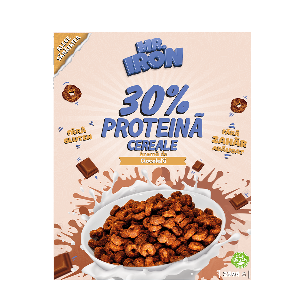 Cereale proteice fara zahar si fara gluten cu aroma de ciocolata, 250 g, Mr. Iron