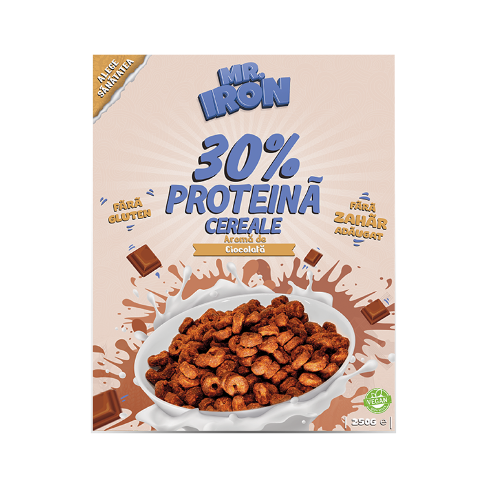 Cereale proteice fara zahar si fara gluten cu aroma de ciocolata, 250 g, Mr. Iron