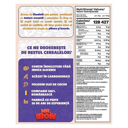 Cereale proteice fara zahar si fara gluten cu aroma de ciocolata, 250 g, Mr. Iron 707666