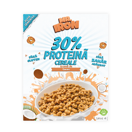 Cereale proteice fara zahar si fara gluten cu aroma de cocos, 250 g, Mr. Iron