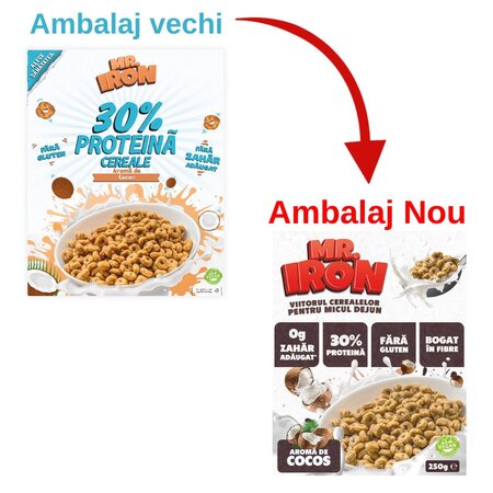 Cereale proteice fara zahar si fara gluten cu aroma de cocos, 250 g, Mr. Iron 707675