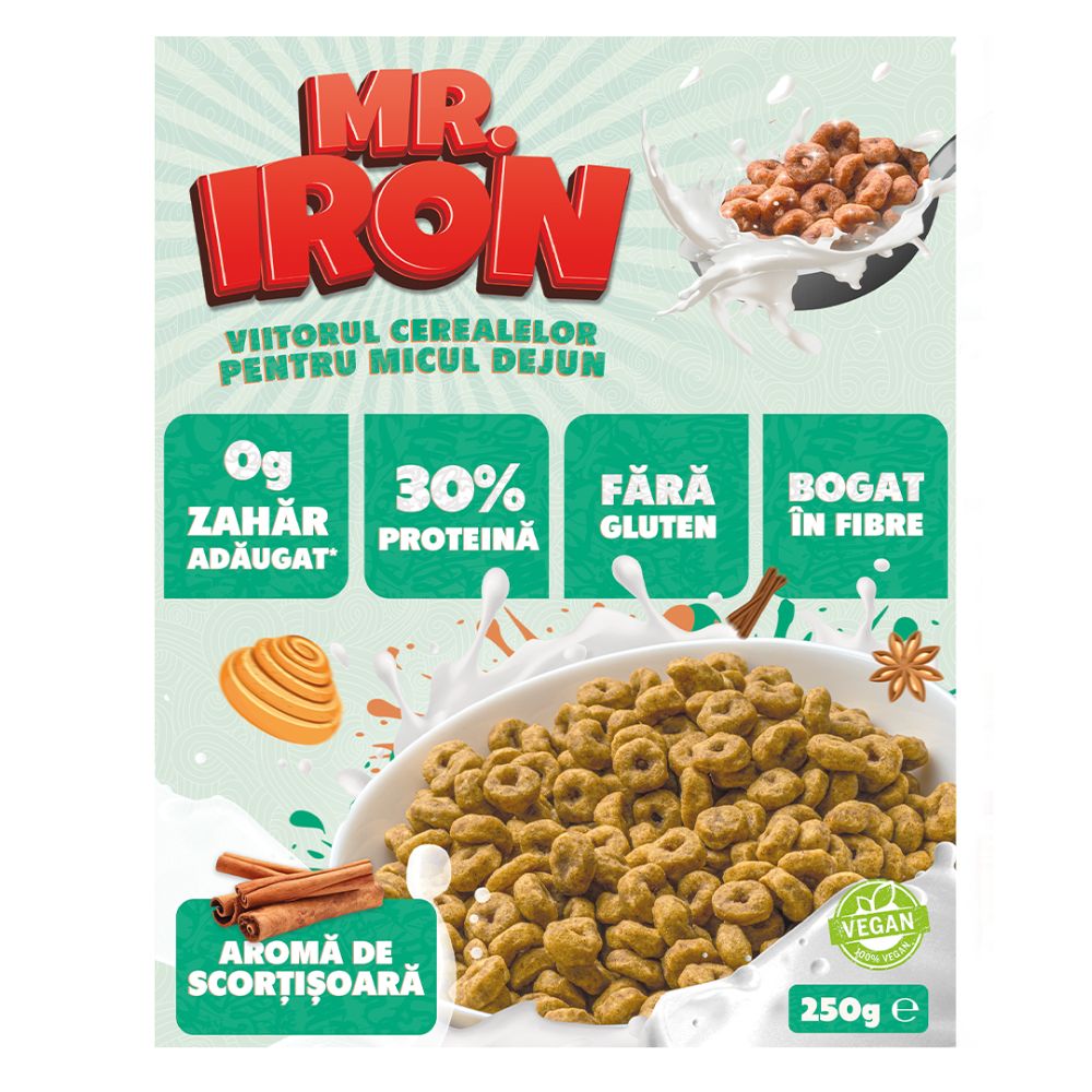 Cereale proteice fara zahar si fara gluten cu aroma de scortisoara, 250 g, Mr. Iron