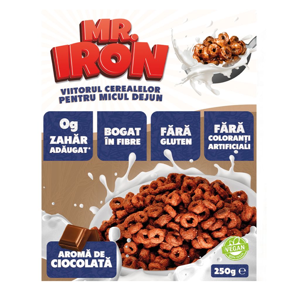 Cereale din ovaz fara zahar sau gluten cu aroma de ciocolata, 250g, MR. Iron