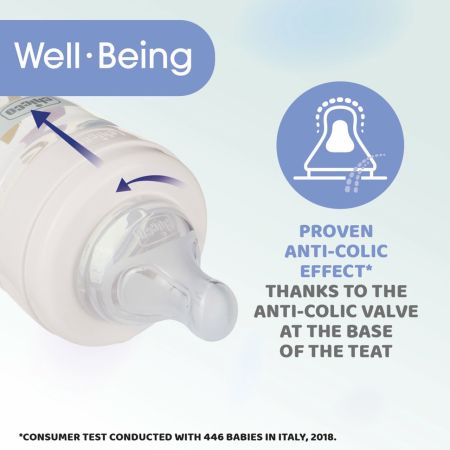 Biberon cu tetina silicon, flux mediu WellBeing PP, +2 luni, Orange, 250 ml, Chicco 625266