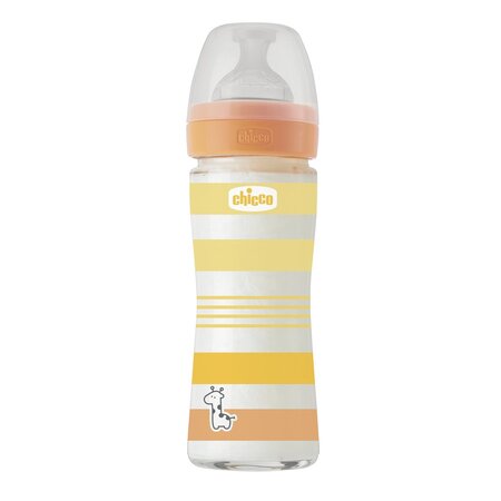 Biberon din sticla cu tetina Flux mediu WellBeing, +0 luni, 240 ml, Chicco 625272