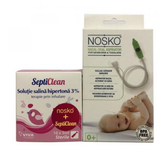 Aspirator nazal pentru nou nascuti si copii, +0luni, Nosko Mouth + Solutie salina 3%, Septiclean