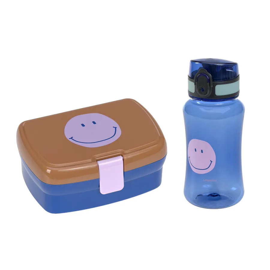 Set cutie de pranz si sticla din tritan Little Gang, Smile Caramel - Blue, Laessig