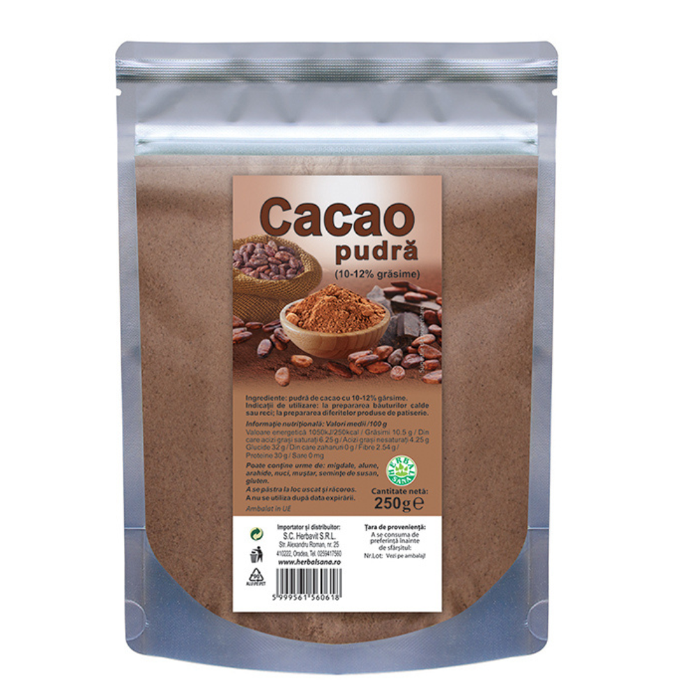 Cacao pudra, 10-12% grasime, 250 g, Herbal Sana