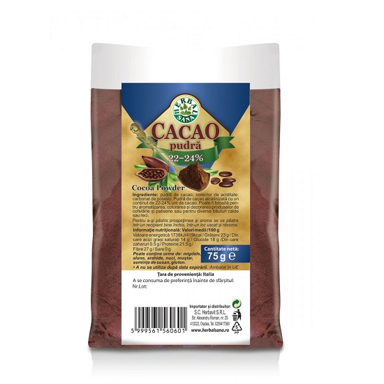 Cacao pudra, 22-24% grasimi, 75 g, Herbal Sana