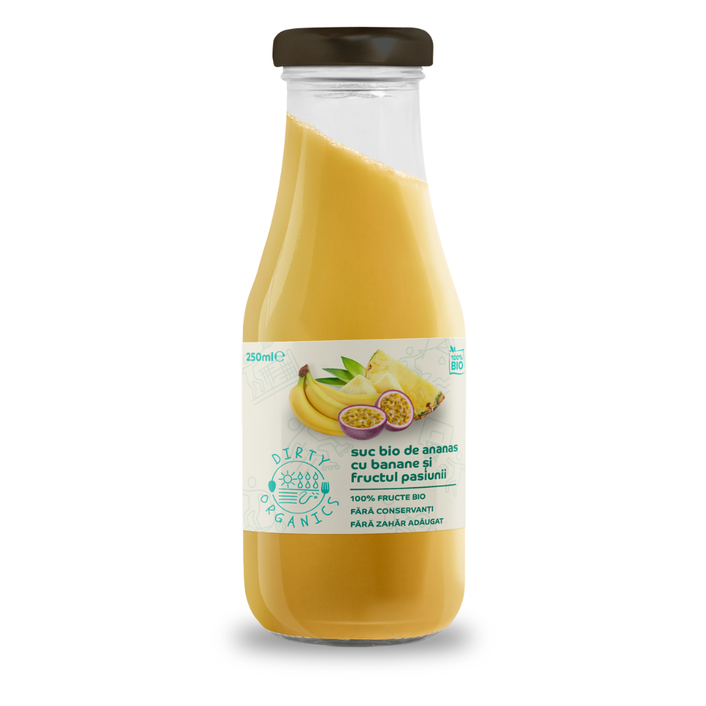 Suc bio de ananas cu banane si fructul pasiunii, 250 ml, Dirty Organics