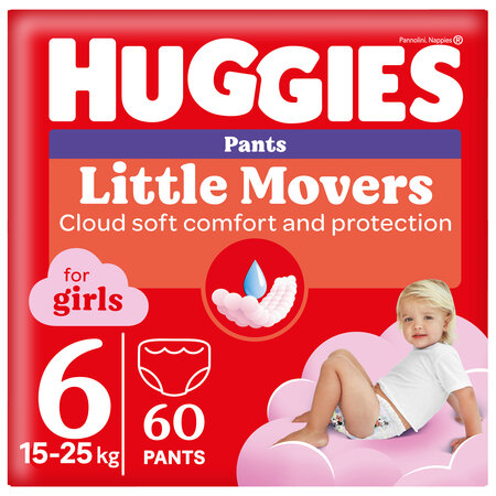Scutece pants Little Movers, Nr. 6, 15-25 kg, Girls, 60 bucati, Huggies 801224