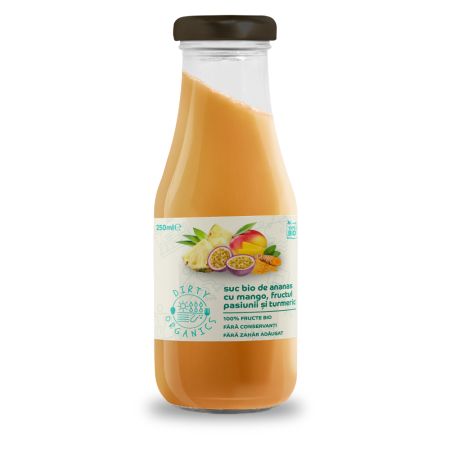 Suc bio de ananas cu mango, fructul pasiunii si curcuma, 250 ml, Dirty Organix