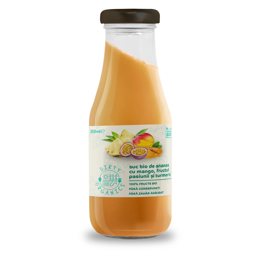 Suc bio de ananas cu mango, fructul pasiunii si curcuma, 250 ml, Dirty Organics