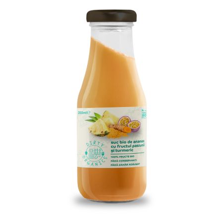 Suc bio de ananas cu fructul pasiunii si curcuma, 250 ml, Dirty Organix