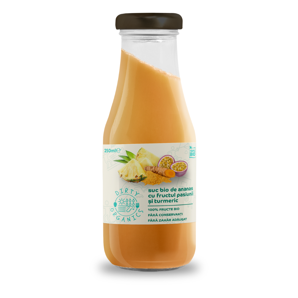 Suc bio de ananas cu fructul pasiunii si curcuma, 250 ml, Dirty Organics