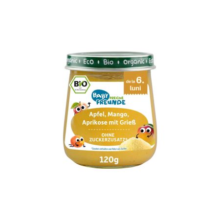 Piure Bio de mere,mango si caise cu gris, +6 luni, 120 g, Freche Freunde