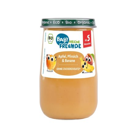 Piure Bio de mere, piersici si banane, +5 luni, 190 g, Freche Freunde