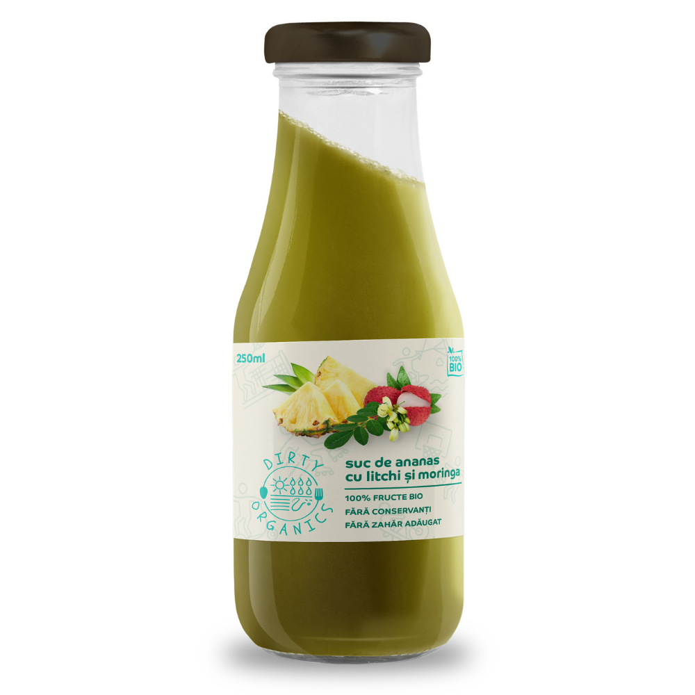 Suc bio de ananas cu litchi si moringa, 250 ml, Dirty Organics