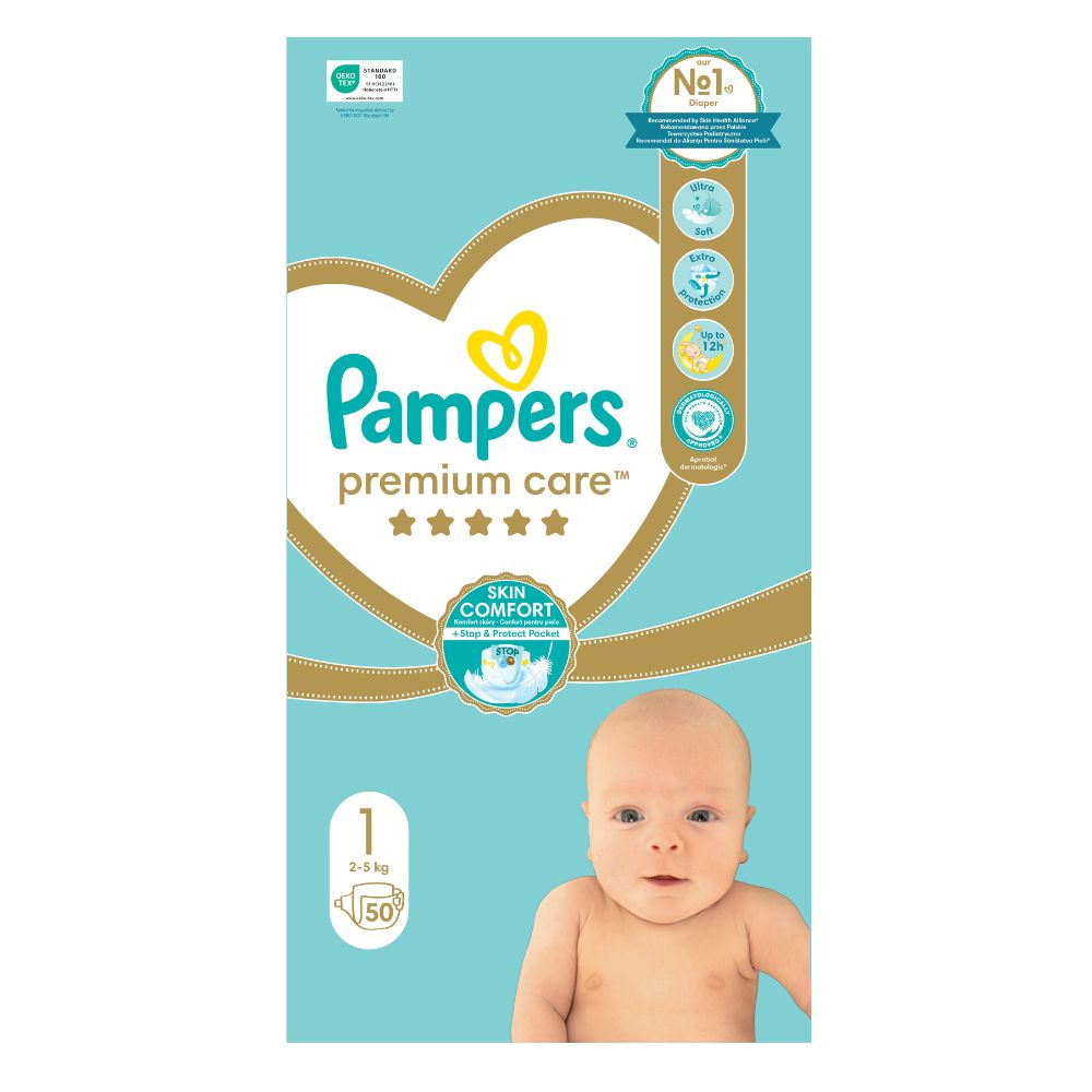 Scutece Premium Care, Nr. 1, 2-5 kg, 50 buc, Pampers