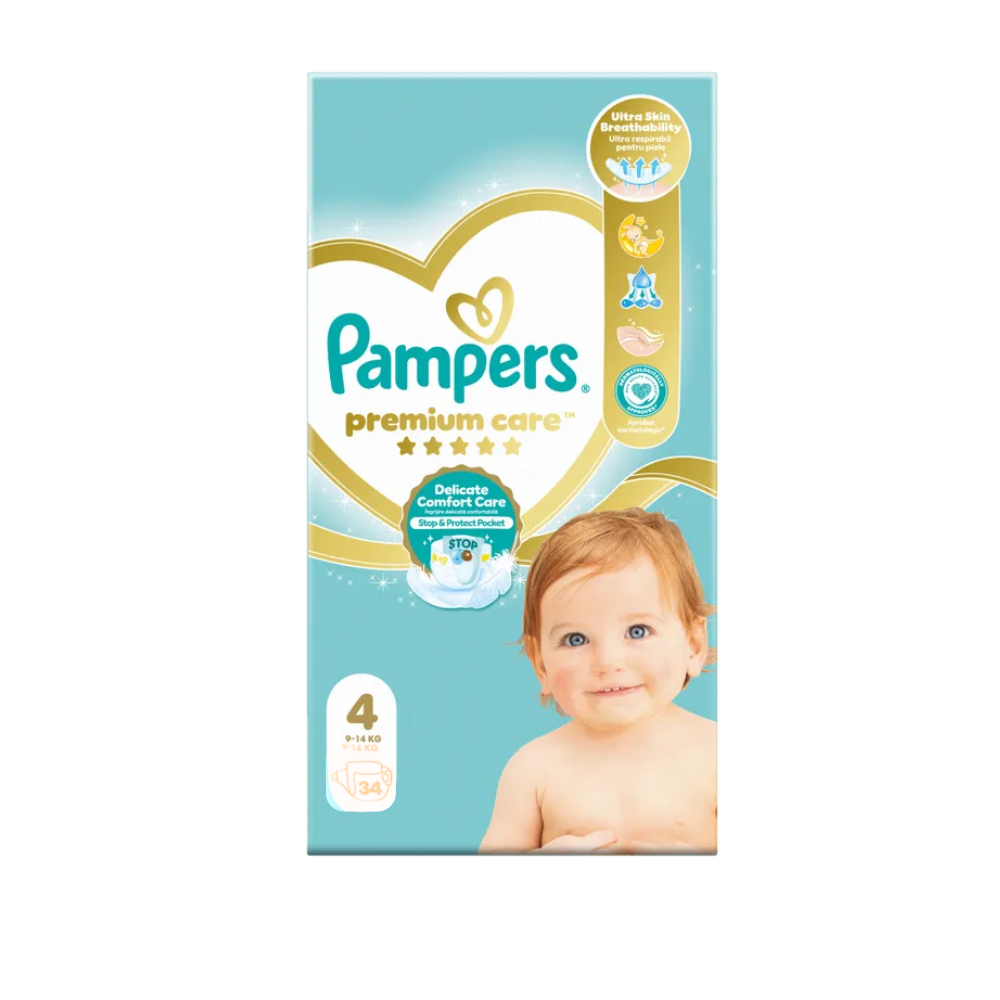 Scutece Premium Care, Nr. 4, 9-14 kg, 34 buc, Pampers