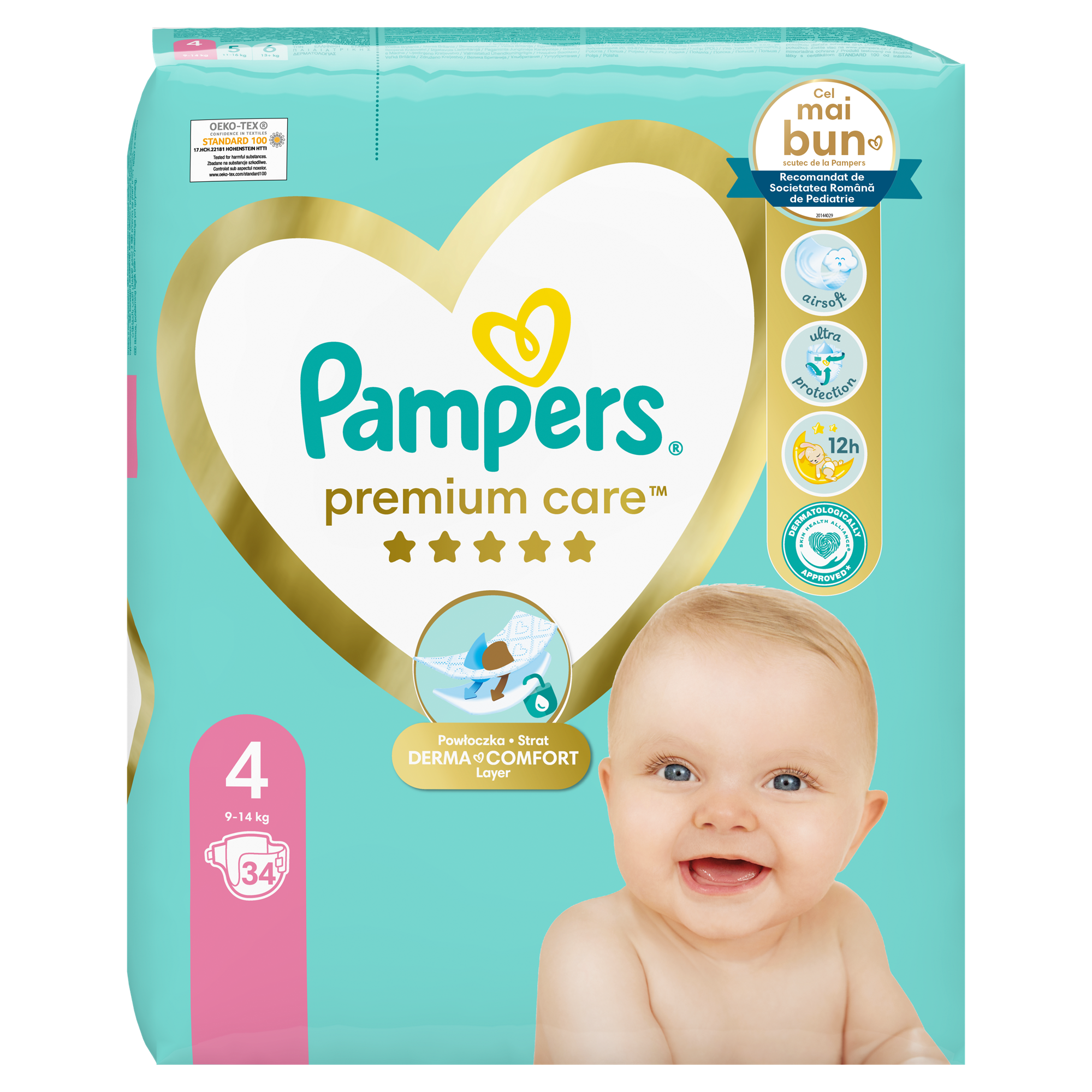 Scutece Premium Care, Nr. 4, 9-14 kg, 34 buc, Pampers