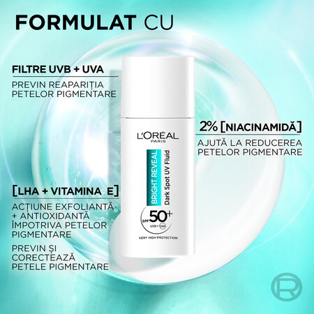 Crema fluida impotriva petelor pigmentare cu SPF 50+ Bright Reveal, 50 ml, Loreal Paris 630919