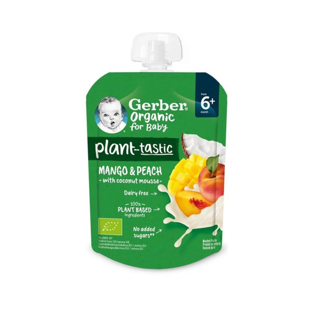 Piure Bio pentru bebelusi, cu cocos, mango si piersica, 6 luni+, 80 g, Gerber