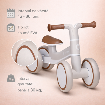 Bicicleta cu 4 roti Villy fara pedale, 12 - 36 luni, Beige Latte, Lionelo 775009