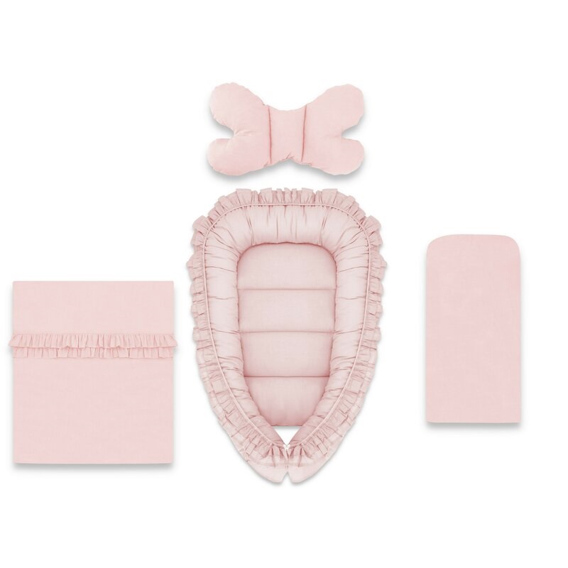 Set 4 in 1 Cosulet bebelus - Baby Cocoon cu volanase Royal, Powder Pink, 75x55 cm, MimiNu