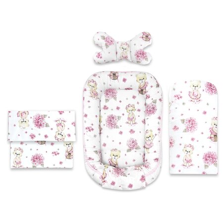 Set 4 in 1 Cosulet bebelus - Baby Cocoon cu volanase, Pink Ballerina, 75x55 cm, MimiNu