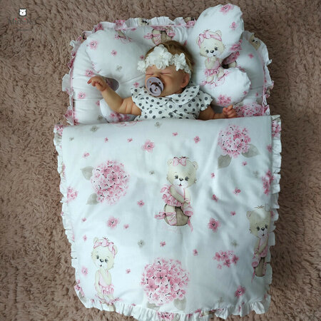Set 4 in 1 Cosulet bebelus - Baby Cocoon cu volanase, Pink Ballerina, 75x55 cm, MimiNu 805309