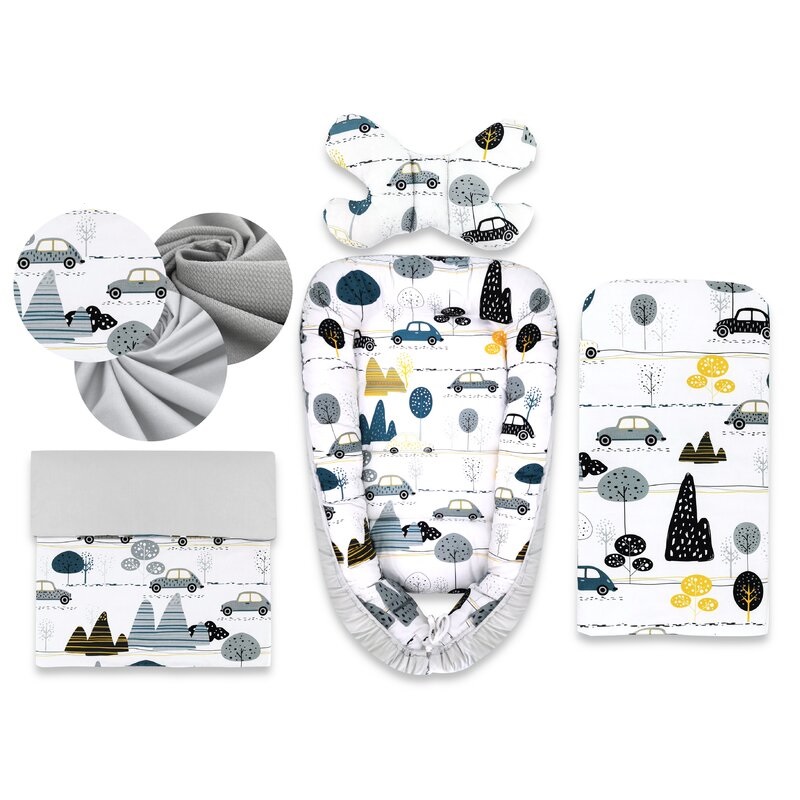 Set 4 in 1 Cosulet bebelus - Baby Cocoon cu doua fete, Childrens Journey Grey, 75x55 cm, MimiNu