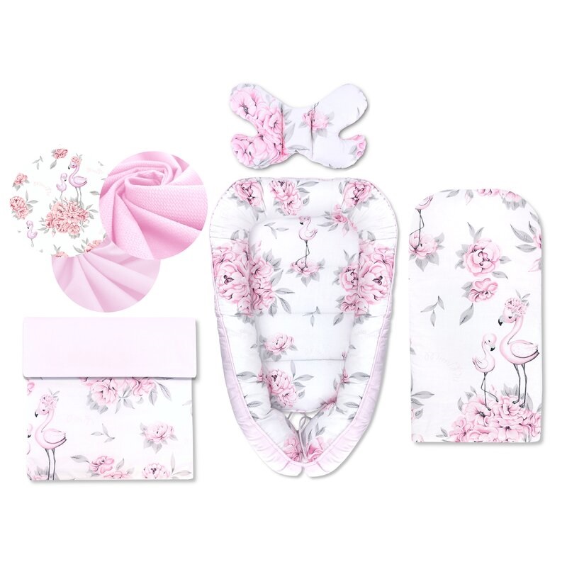 Set 4 in 1 Cosulet bebelus - Baby Cocoon cu doua fete, Peonie Pink, 75x55 cm, MimiNu