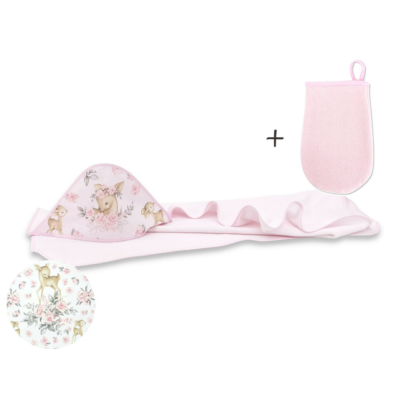 Set prosop cu gluga 100x100 cm + manusa de baie 12 x 21 cm pentru bebelusi, Sweet Deer Pink, Miminu