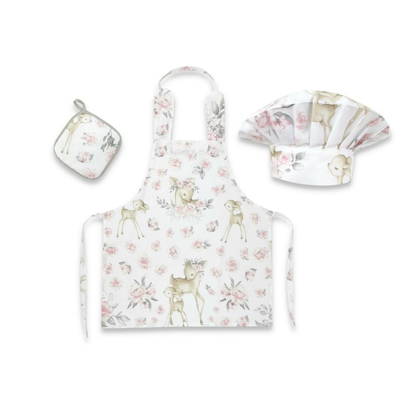 Set micutul bucatar cu sort boneta si accesoriu pentru vase calde, + 3 ani, Sweet Deer Pink, Miminu