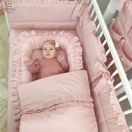Lenjerie cu volanase pentru patut Royal, 120x60 cm, Powder Pink, Miminu 636523