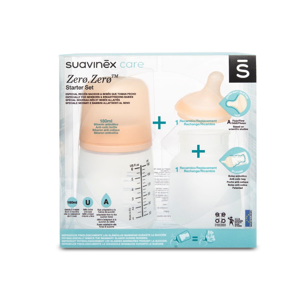 Set biberon anticolici 180 ml + Tetina cu debit variabil + Saculet din silicon Zero Zero, Suavinex