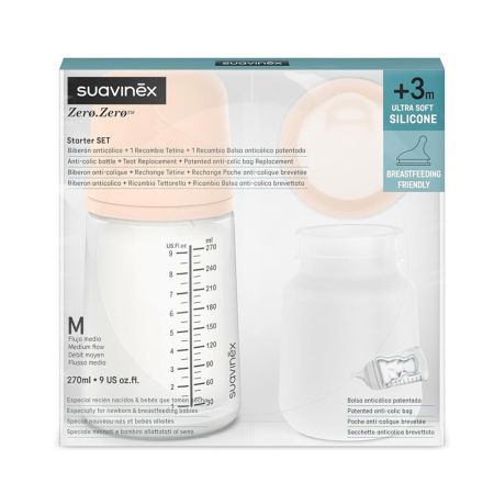 Set biberon anticolici 270 ml + Tetina cu debit mediu+ Saculet din silicon, Suavinex 713348