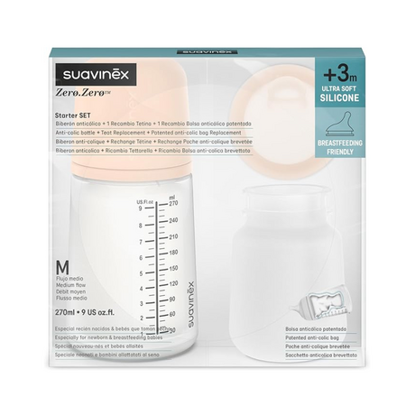 Set biberon anticolici 270 ml + Tetina cu debit mediu+ Saculet din silicon, Suavinex 713348