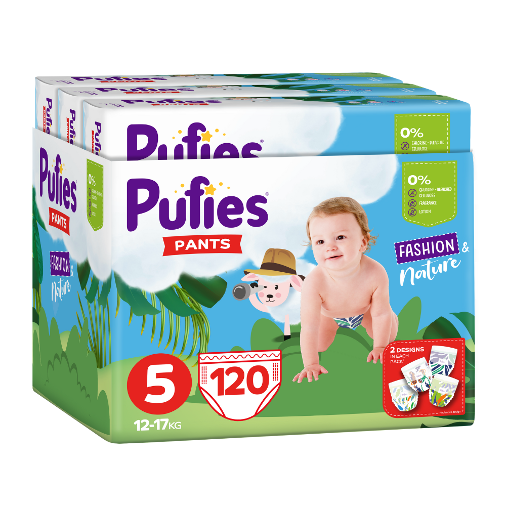 Scutece Pants Trio Pack Fashion & Nature, Nr. 5, 12-17 kg, 120 bucati, Pufies