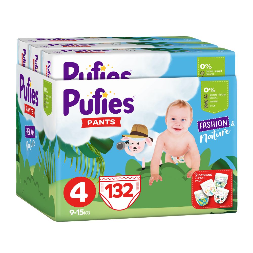 Scutece Pants Trio Pack Fashion & Nature, Nr. 4, 9-15 kg, 132 bucati, Pufies