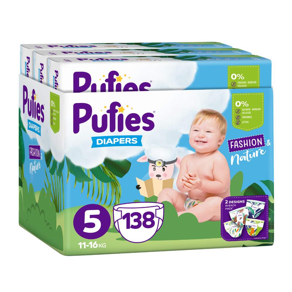 Scutece Junior Trio Pack Fashion & Nature, Nr. 5, 11-16 kg, 138 bucati, Pufies