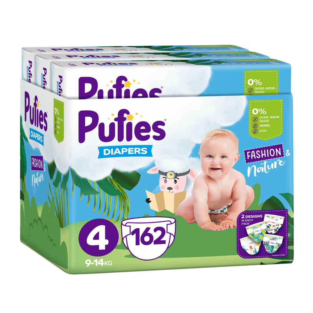 Scutece Maxi Trio Pack Fashion & Nature, Nr. 4, 9-14 kg, 162 bucati, Pufies