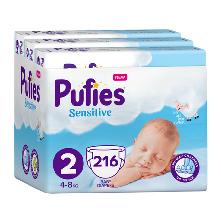 Scutece Mini Sensitive, Nr. 2, 4-8 kg, 216 bucati, Pufies